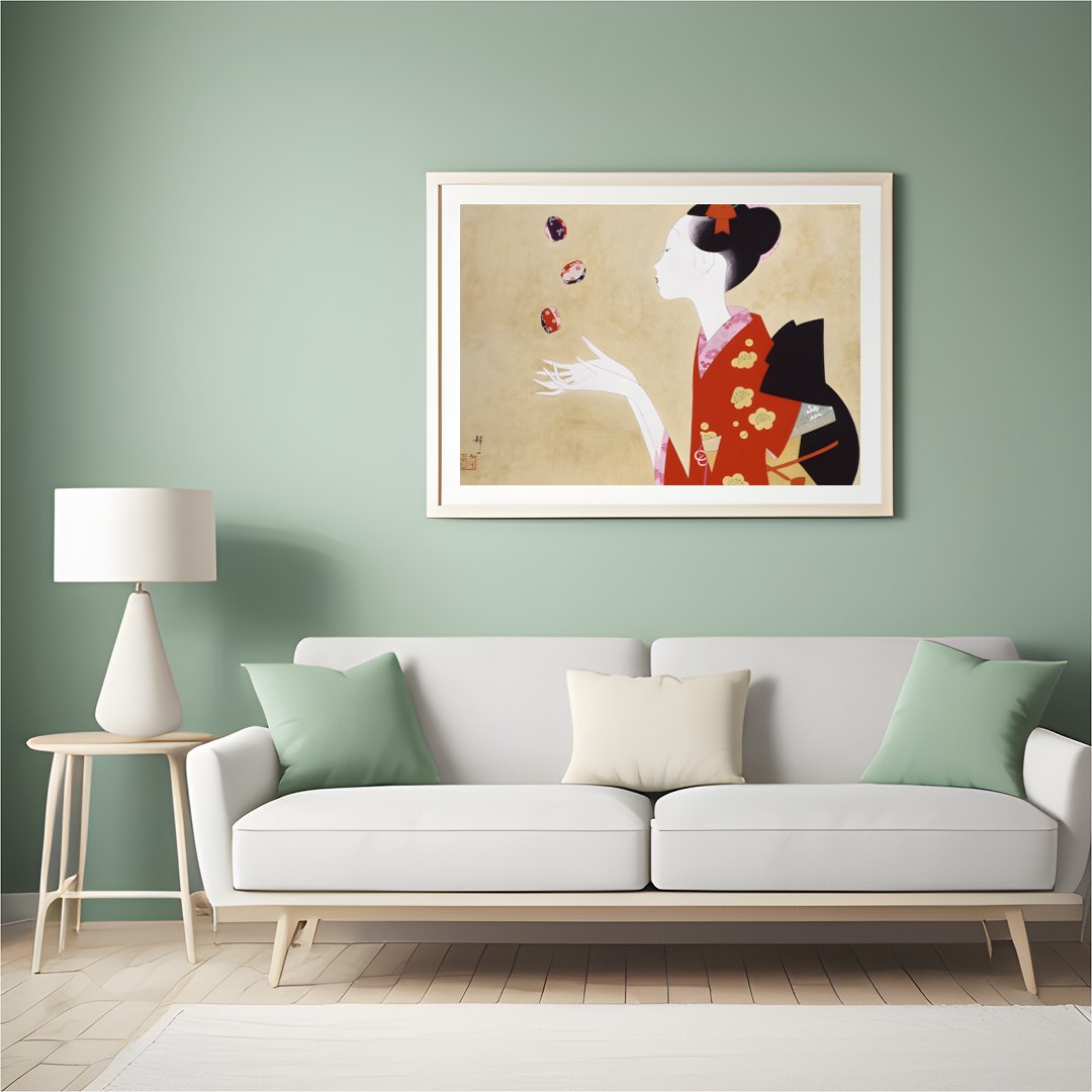 This exquisite artwork captures the serene beauty and grace of a geisha, adorned in a striking red for Hall