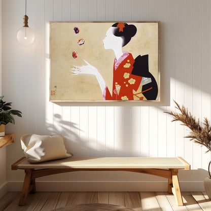 This exquisite artwork captures the serene beauty and grace of a geisha, adorned in a striking red for Hallway
