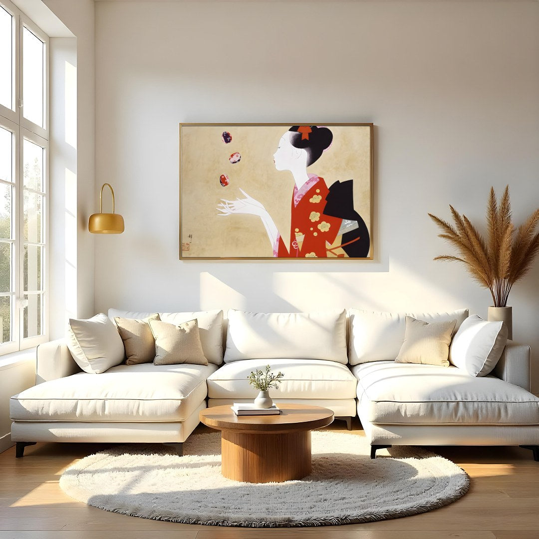 This exquisite artwork captures the serene beauty and grace of a geisha, adorned in a striking red for Living Room