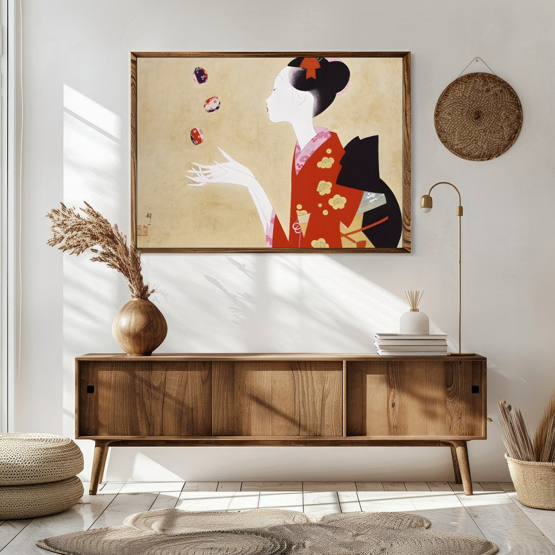 This exquisite artwork captures the serene beauty and grace of a geisha, adorned in a striking red for Sitting Area