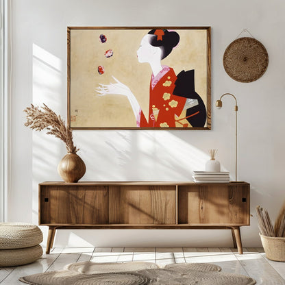 This exquisite artwork captures the serene beauty and grace of a geisha, adorned in a striking red for Sitting Area
