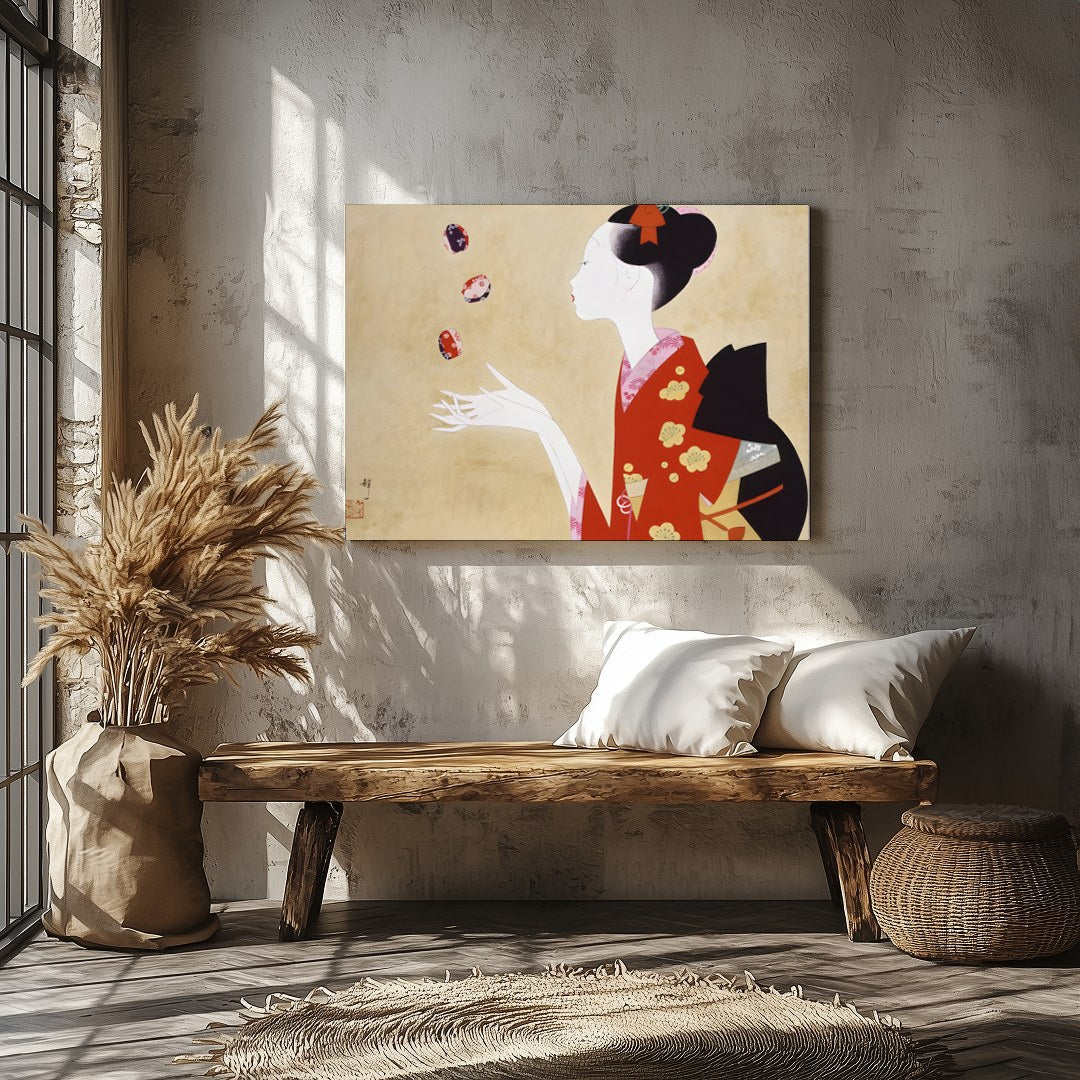 This exquisite artwork captures the serene beauty and grace of a geisha, adorned in a striking red for Veranda