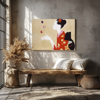 This exquisite artwork captures the serene beauty and grace of a geisha, adorned in a striking red for Veranda