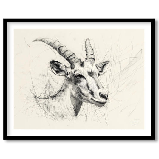 This elegant pencil sketch captures the profile of an antelope, focusing on its distinctive head an… for abode