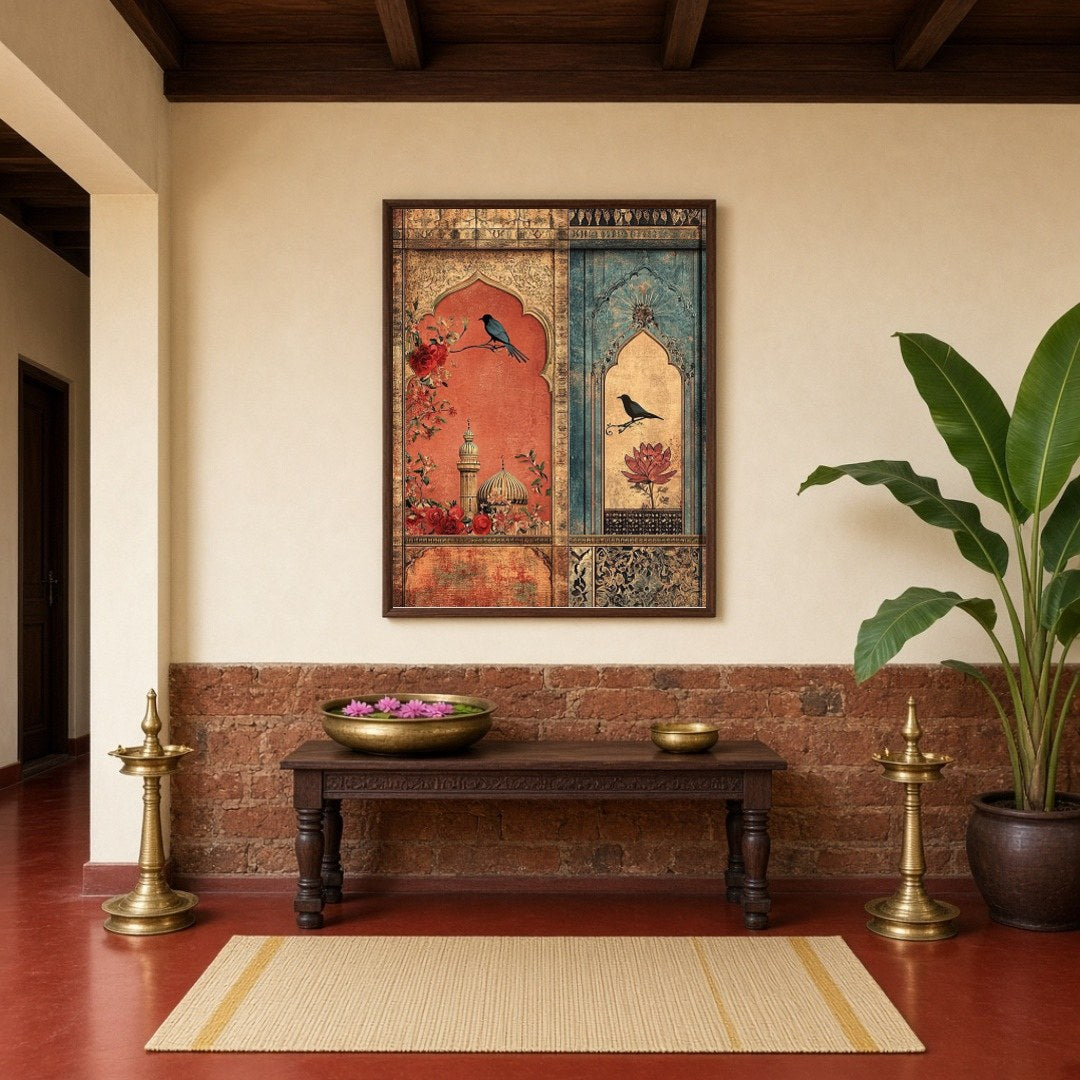 Immerse yourself in the elegance of Mughal artistry with this exquisite wall art, capturing the for Hallway