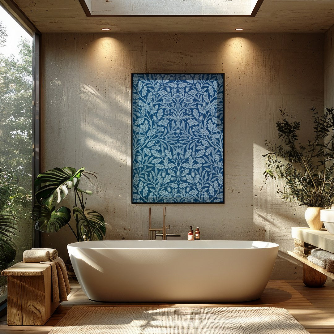 This exquisite artwork showcases an intricate botanical design against a rich ocean blue backdrop. for Bathroom