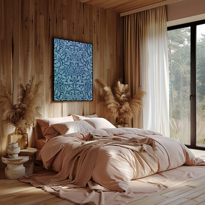 This exquisite artwork showcases an intricate botanical design against a rich ocean blue backdrop. for Bedroom