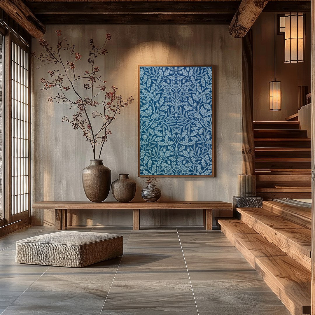 This exquisite artwork showcases an intricate botanical design against a rich ocean blue backdrop. for Hall