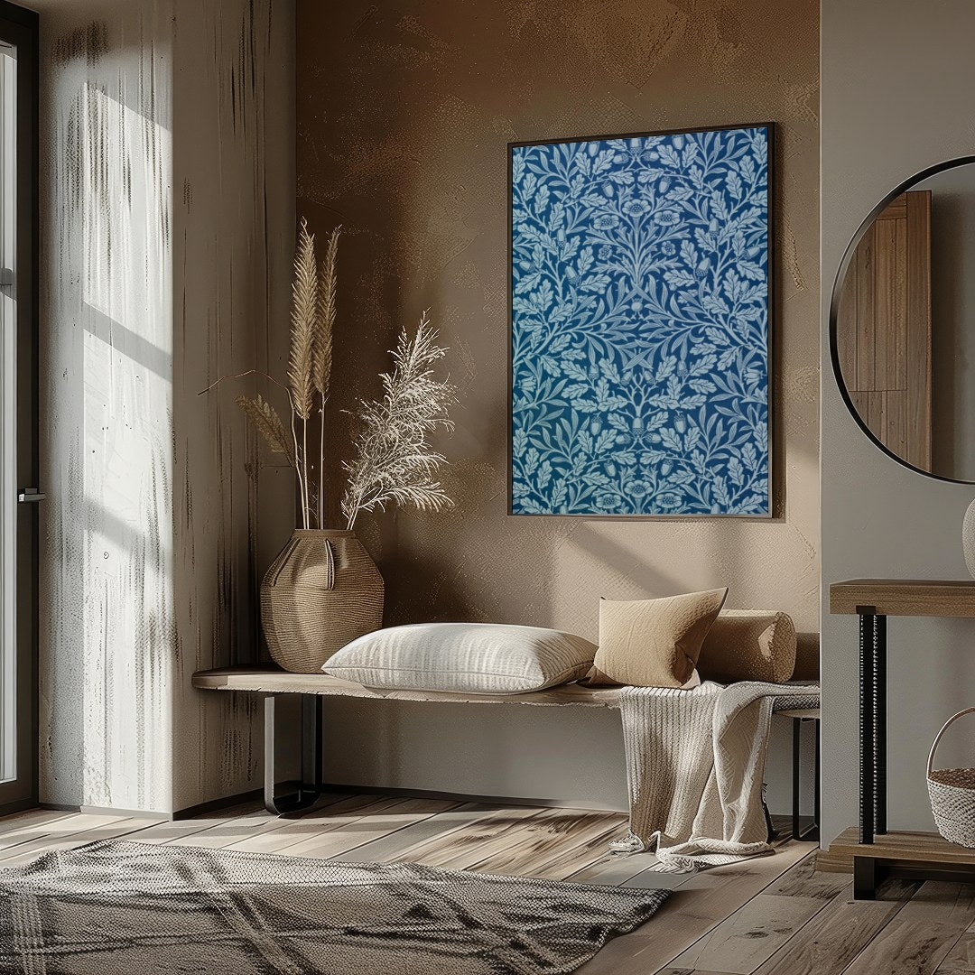This exquisite artwork showcases an intricate botanical design against a rich ocean blue backdrop. for home
