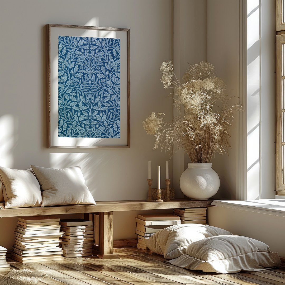 This exquisite artwork showcases an intricate botanical design against a rich ocean blue backdrop. for loft