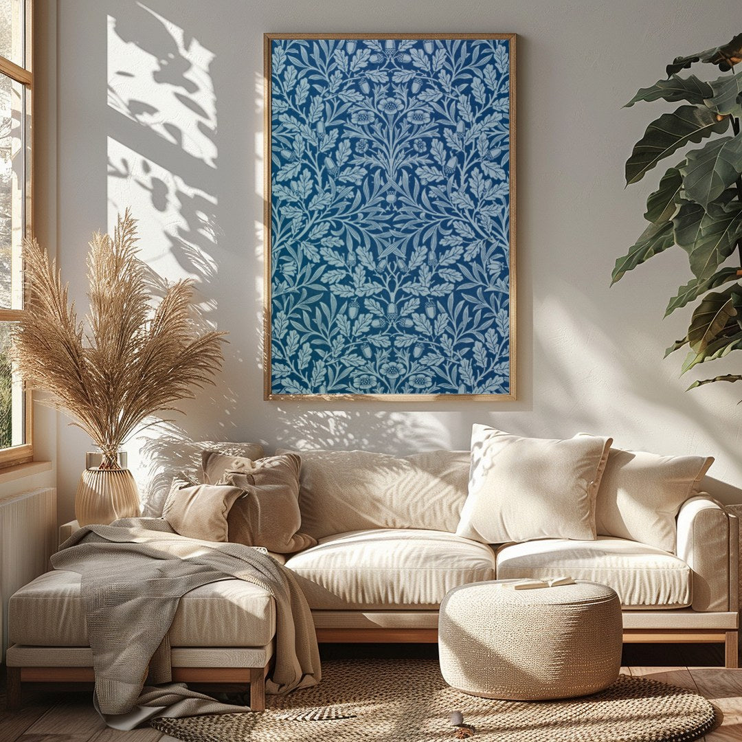 This exquisite artwork showcases an intricate botanical design against a rich ocean blue backdrop. for Sitting Area