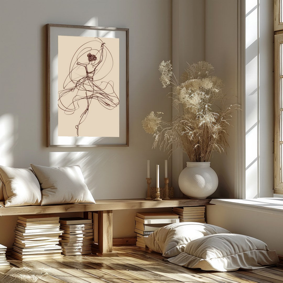 This captivating artwork features a graceful abstract sketch of a dancer, evoking a sense of fluid for abode