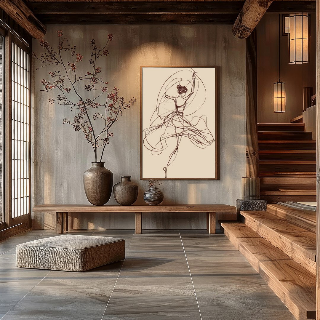 This captivating artwork features a graceful abstract sketch of a dancer, evoking a sense of fluid for Hall