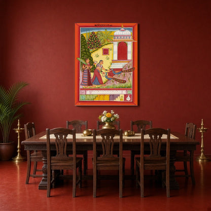 Immerse yourself in the splendor of Indo-Mughal art with this exquisite depiction of a richly for Dining