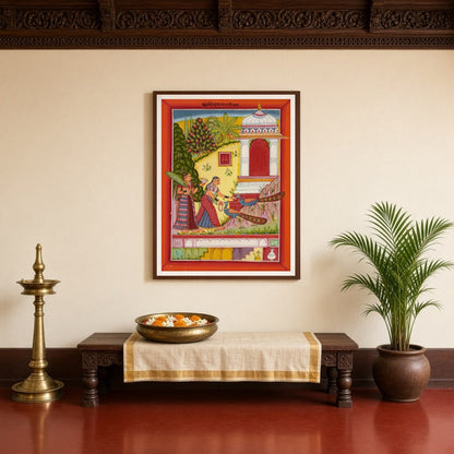 Immerse yourself in the splendor of Indo-Mughal art with this exquisite depiction of a richly for Entrance