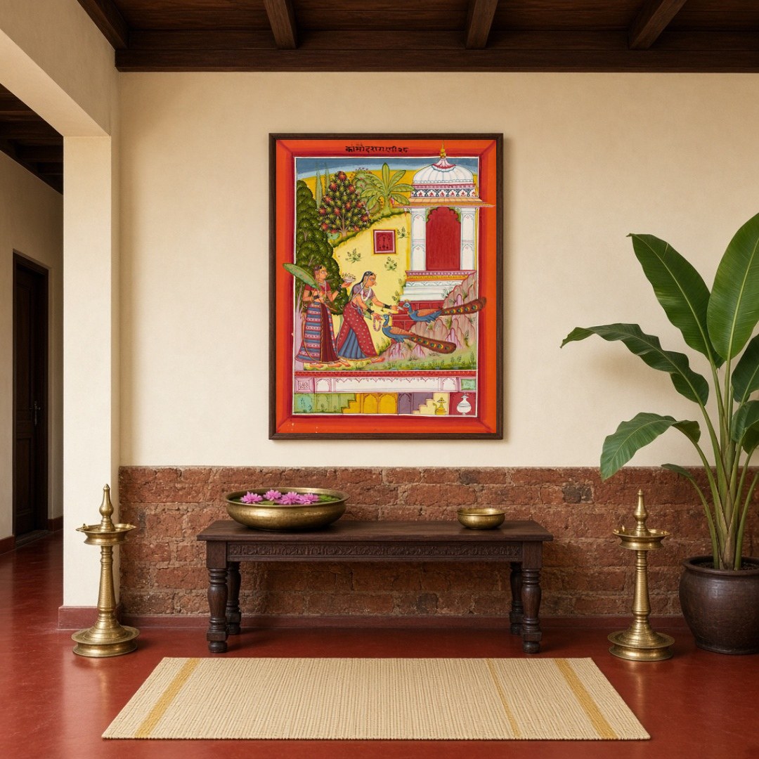 Immerse yourself in the splendor of Indo-Mughal art with this exquisite depiction of a richly for Hallway