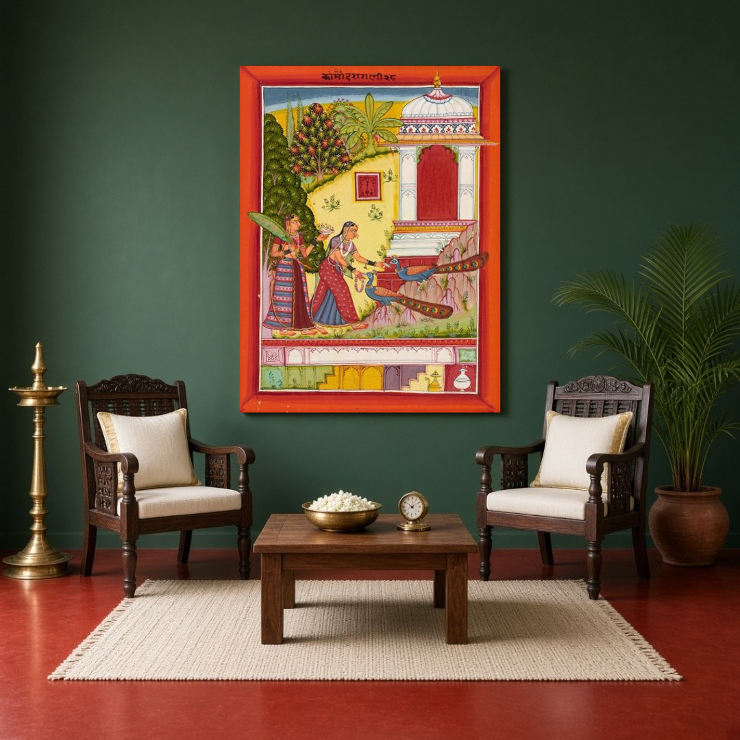 Immerse yourself in the splendor of Indo-Mughal art with this exquisite depiction of a richly for Sitting Area