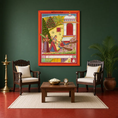Immerse yourself in the splendor of Indo-Mughal art with this exquisite depiction of a richly for Sitting Area
