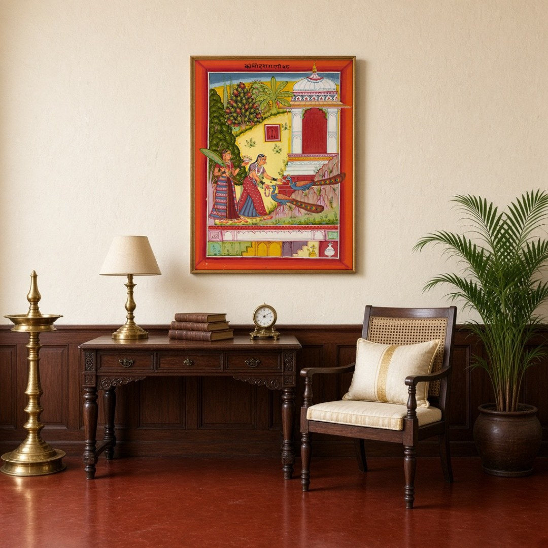 Immerse yourself in the splendor of Indo-Mughal art with this exquisite depiction of a richly for Study