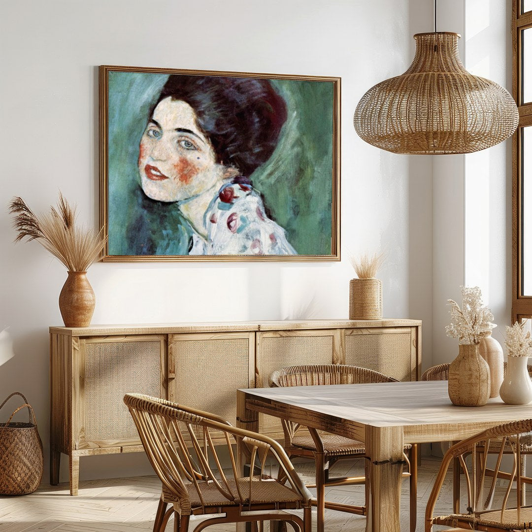 This exquisite artwork captures the serene beauty of a woman lost in contemplation. The gentle for Dining