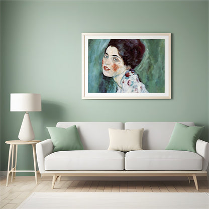 This exquisite artwork captures the serene beauty of a woman lost in contemplation. The gentle for Hall