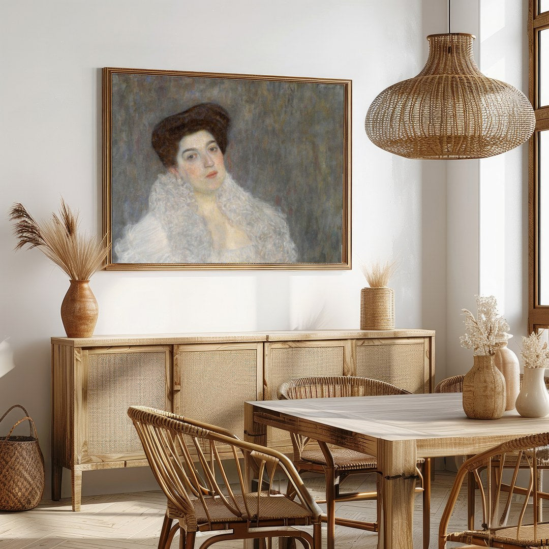 This exquisite piece features a poised woman draped in a luxurious white shawl, exuding a timeless for Dining