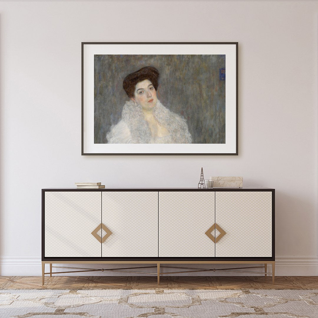 This exquisite piece features a poised woman draped in a luxurious white shawl, exuding a timeless for Foyer