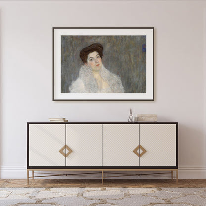 This exquisite piece features a poised woman draped in a luxurious white shawl, exuding a timeless for Foyer