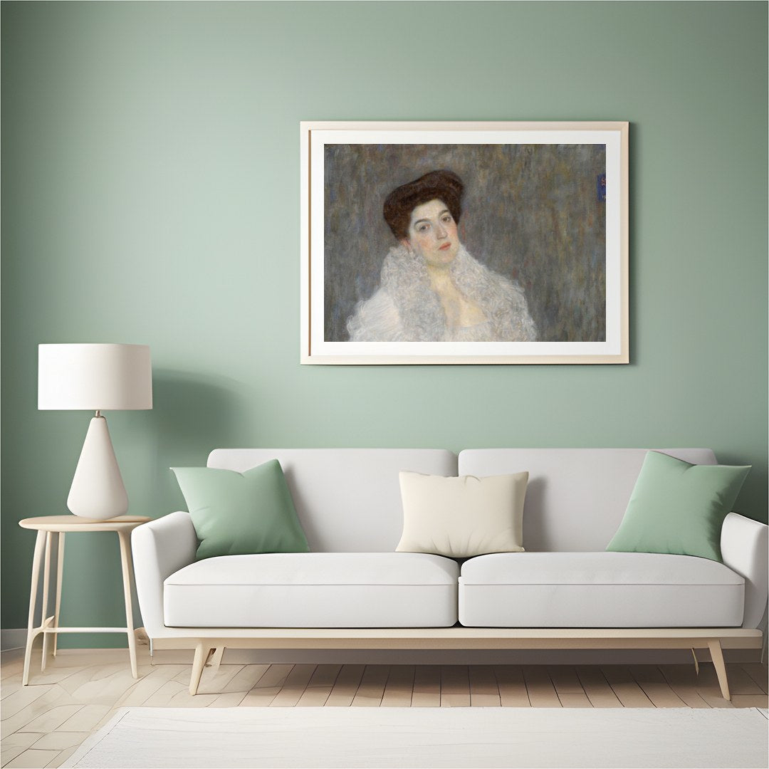This exquisite piece features a poised woman draped in a luxurious white shawl, exuding a timeless for Hall