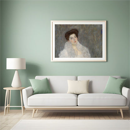 This exquisite piece features a poised woman draped in a luxurious white shawl, exuding a timeless for Hall