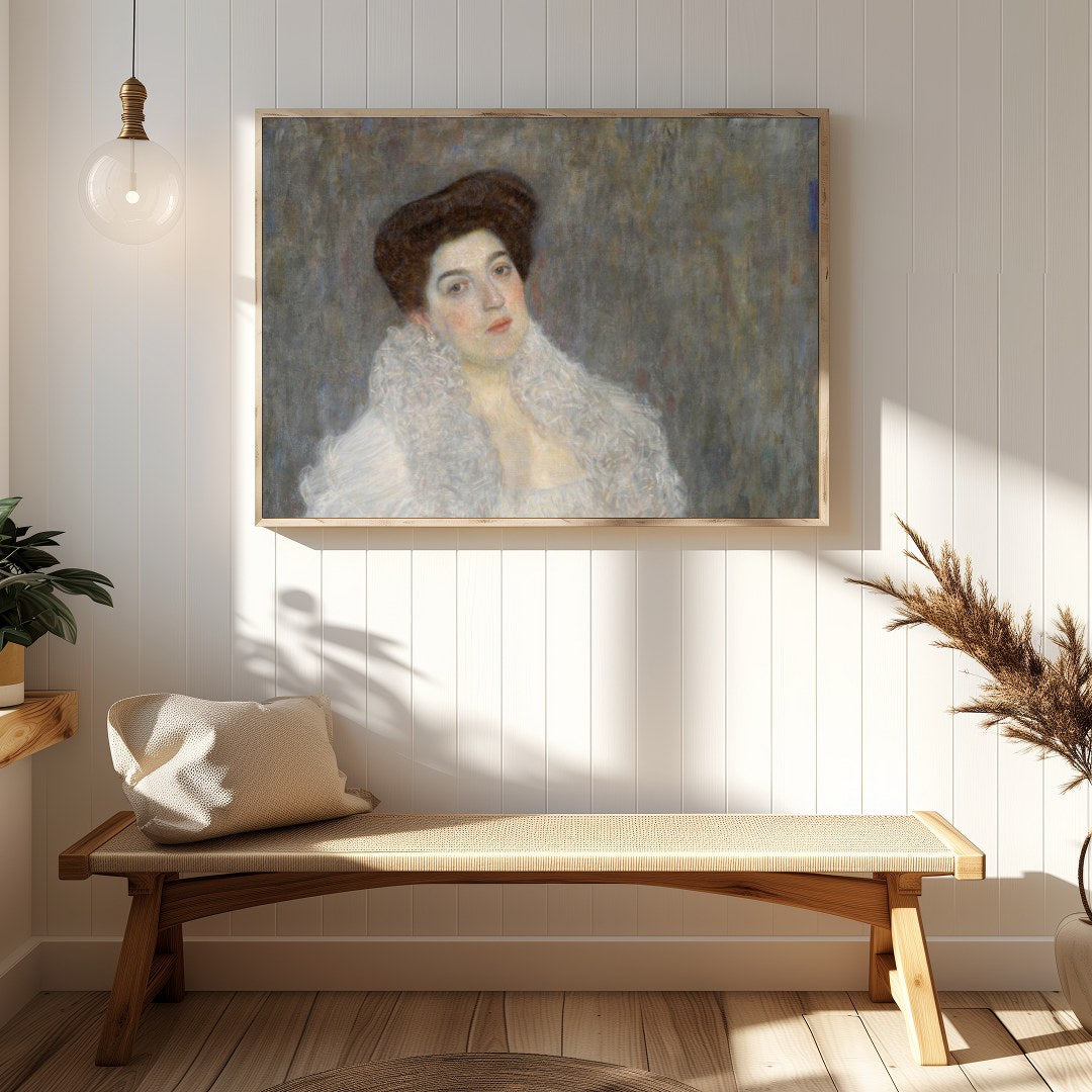 This exquisite piece features a poised woman draped in a luxurious white shawl, exuding a timeless for Hallway