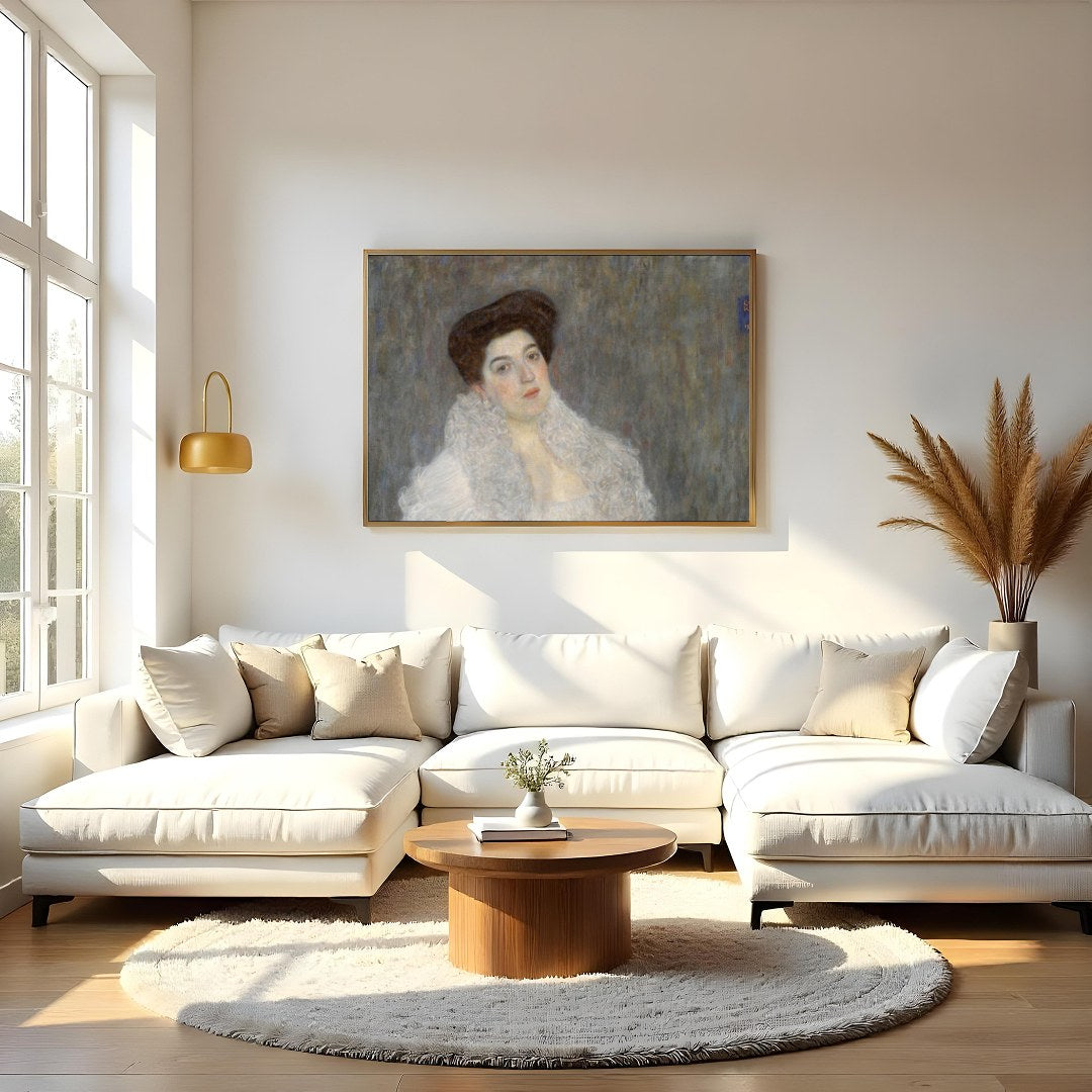 This exquisite piece features a poised woman draped in a luxurious white shawl, exuding a timeless for Living Room