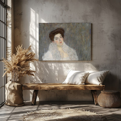 This exquisite piece features a poised woman draped in a luxurious white shawl, exuding a timeless for Veranda