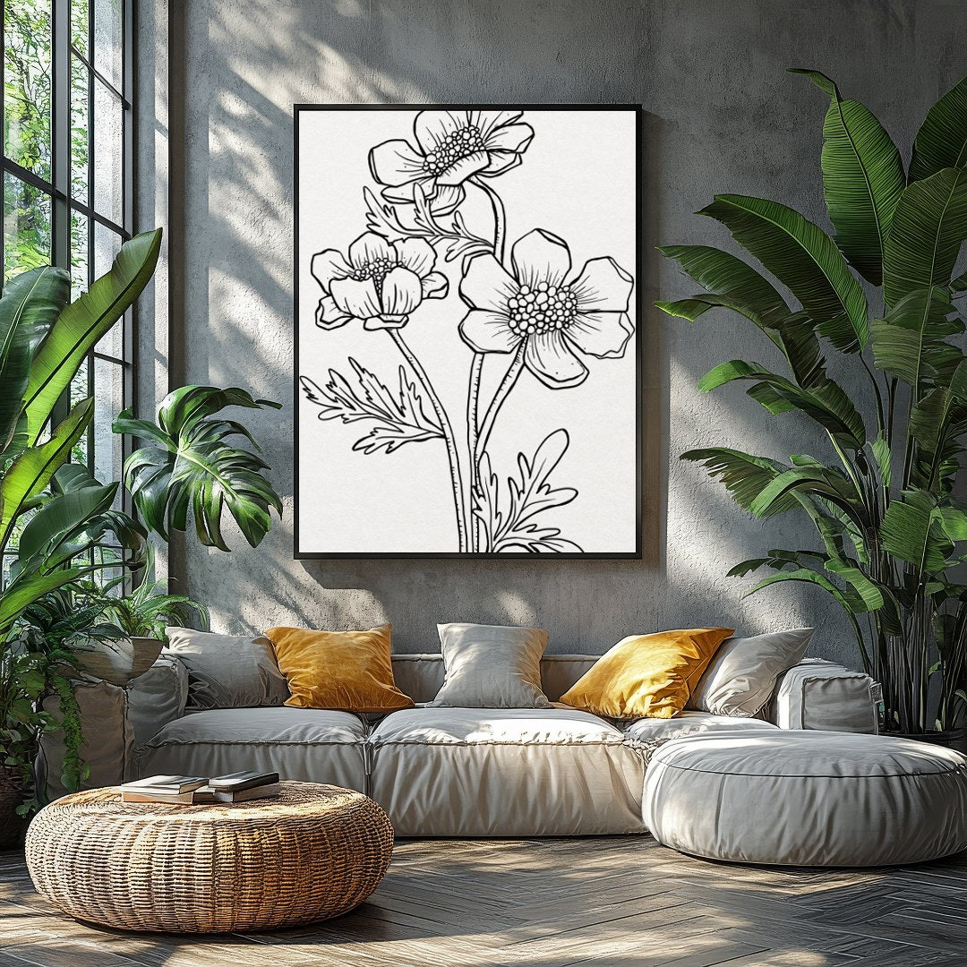 This exquisite line art print features a delicate floral sketch, embodying simplicity and elegance. for Balcony