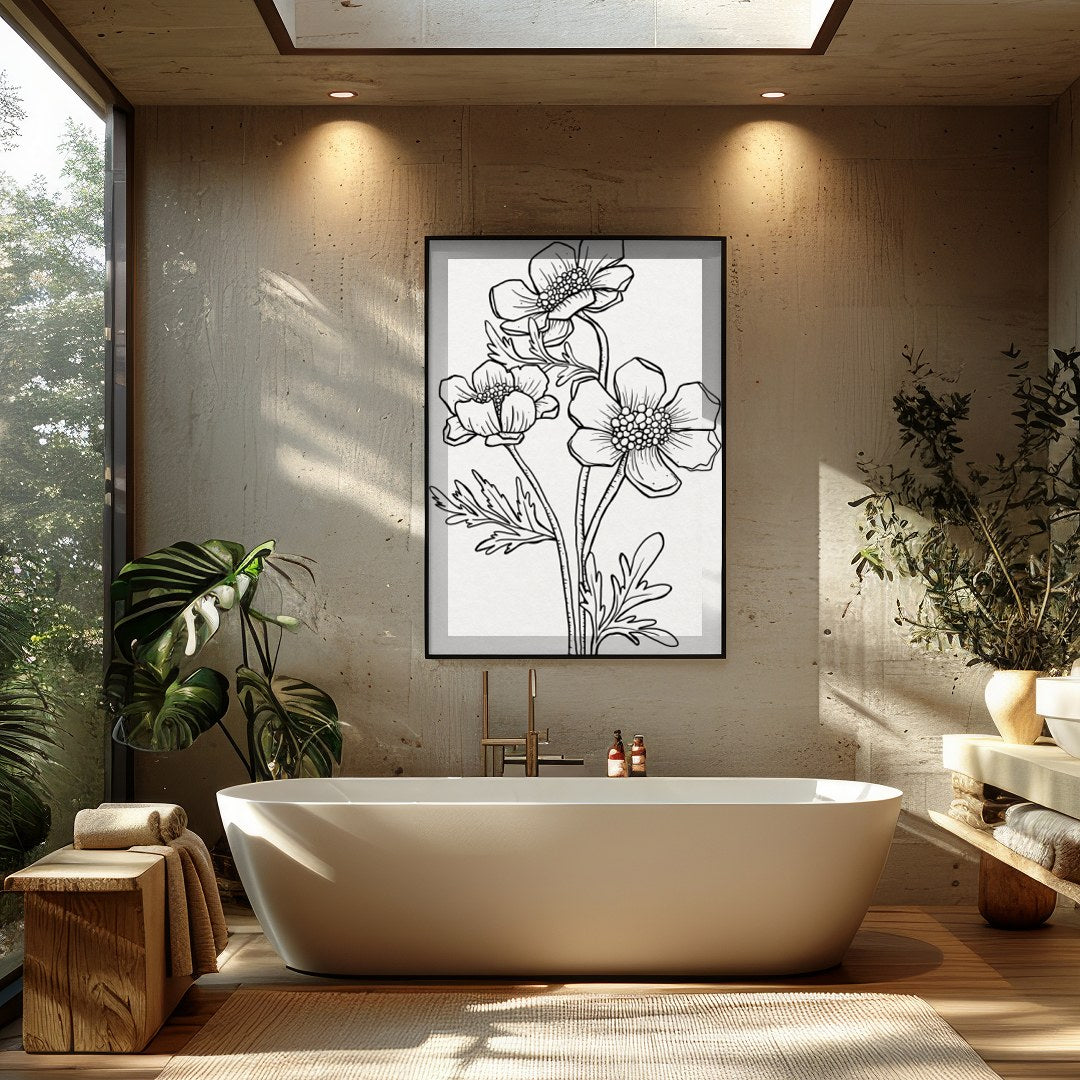 This exquisite line art print features a delicate floral sketch, embodying simplicity and elegance. for Bathroom