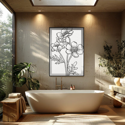 This exquisite line art print features a delicate floral sketch, embodying simplicity and elegance. for Bathroom