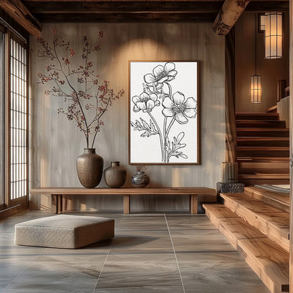 This exquisite line art print features a delicate floral sketch, embodying simplicity and elegance. for Hall