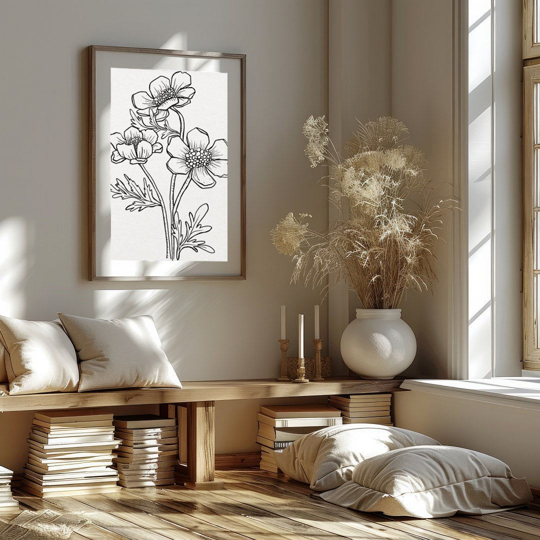 This exquisite line art print features a delicate floral sketch, embodying simplicity and elegance. for hallway