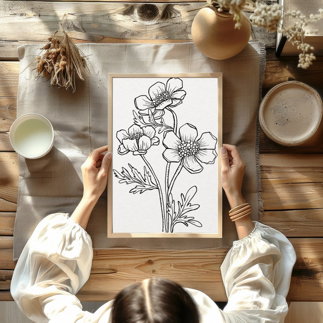 This exquisite line art print features a delicate floral sketch, embodying simplicity and elegance. for Kitchen