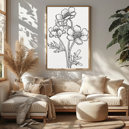 This exquisite line art print features a delicate floral sketch, embodying simplicity and elegance. for Sitting Area