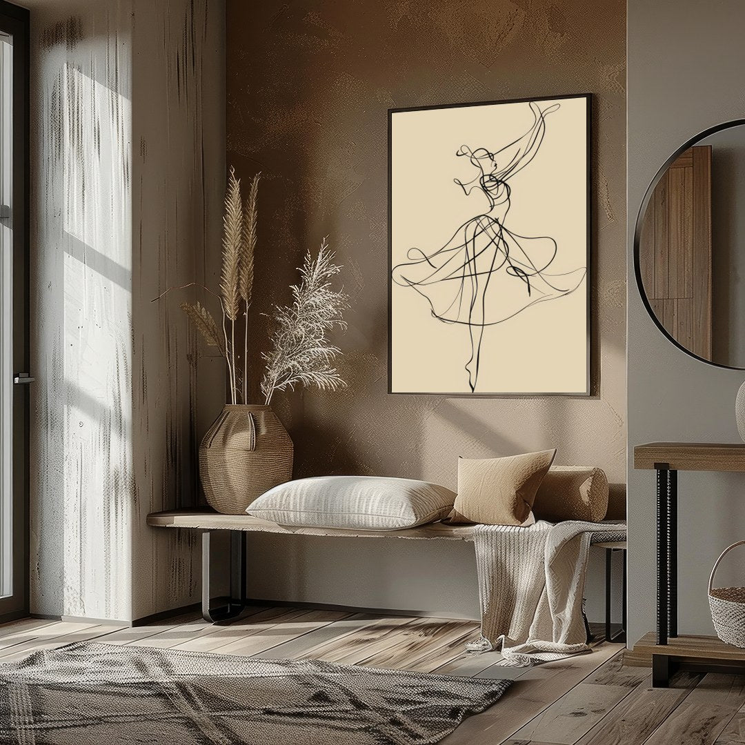 This captivating piece of wall art features an exquisite linework representation of a dancer in for residence
