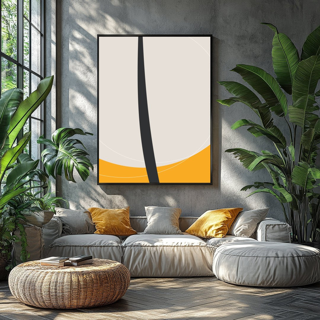 This striking piece features a bold, minimalist floral silhouette set against a vibrant orange for Balcony