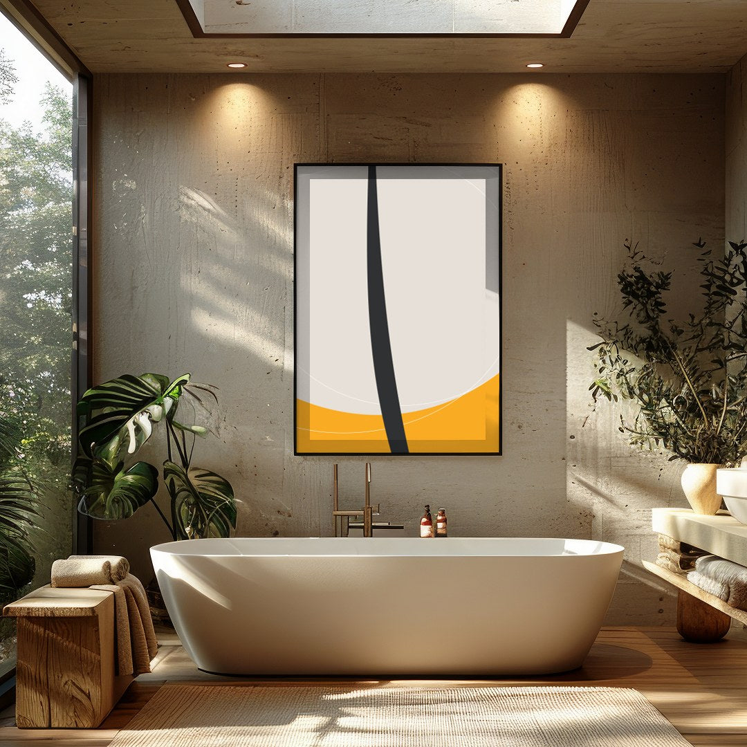 This striking piece features a bold, minimalist floral silhouette set against a vibrant orange for Bathroom