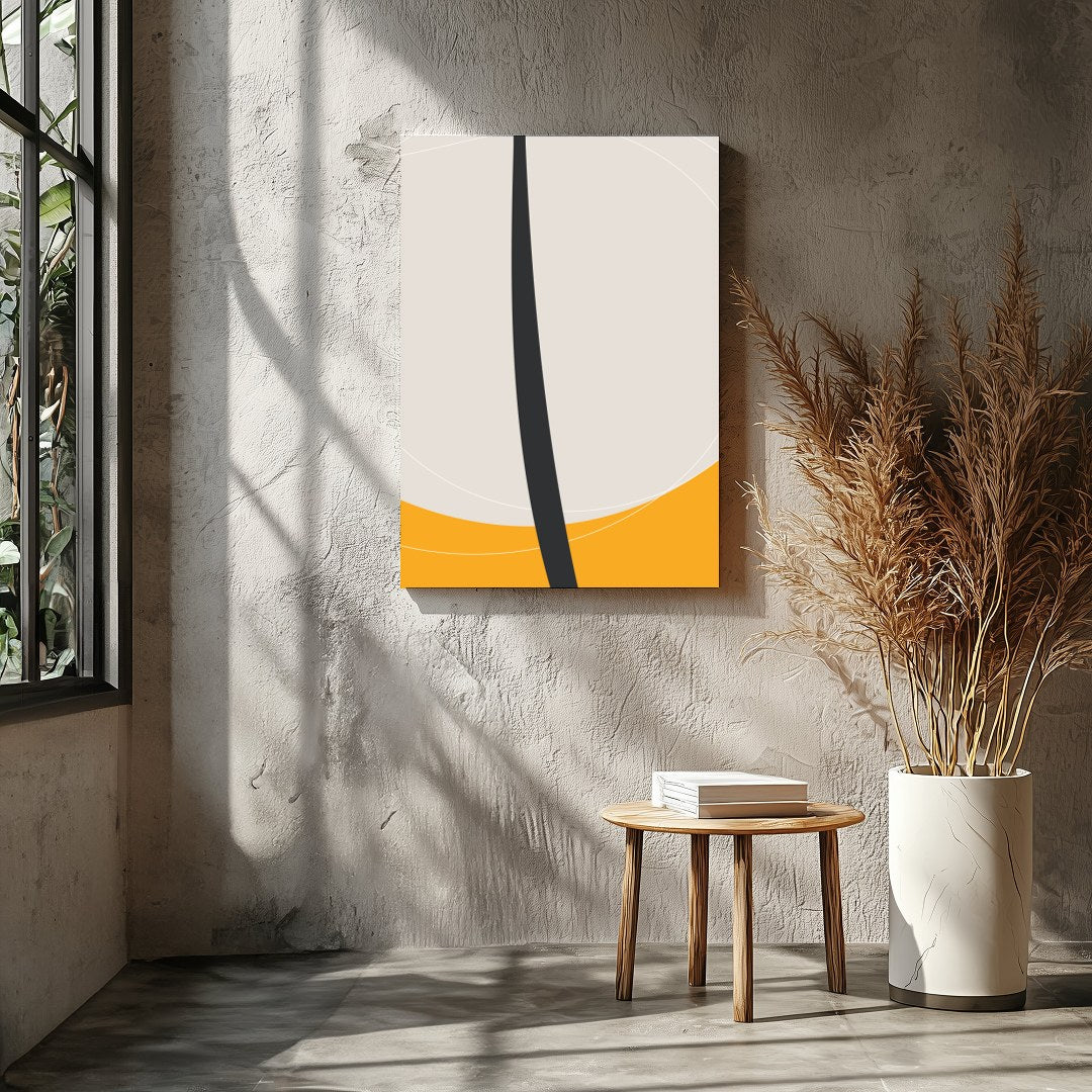 This striking piece features a bold, minimalist floral silhouette set against a vibrant orange for Entrance
