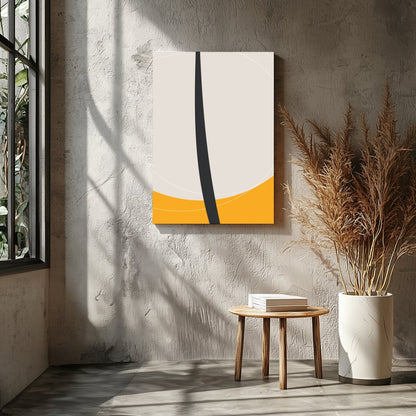This striking piece features a bold, minimalist floral silhouette set against a vibrant orange for Entrance