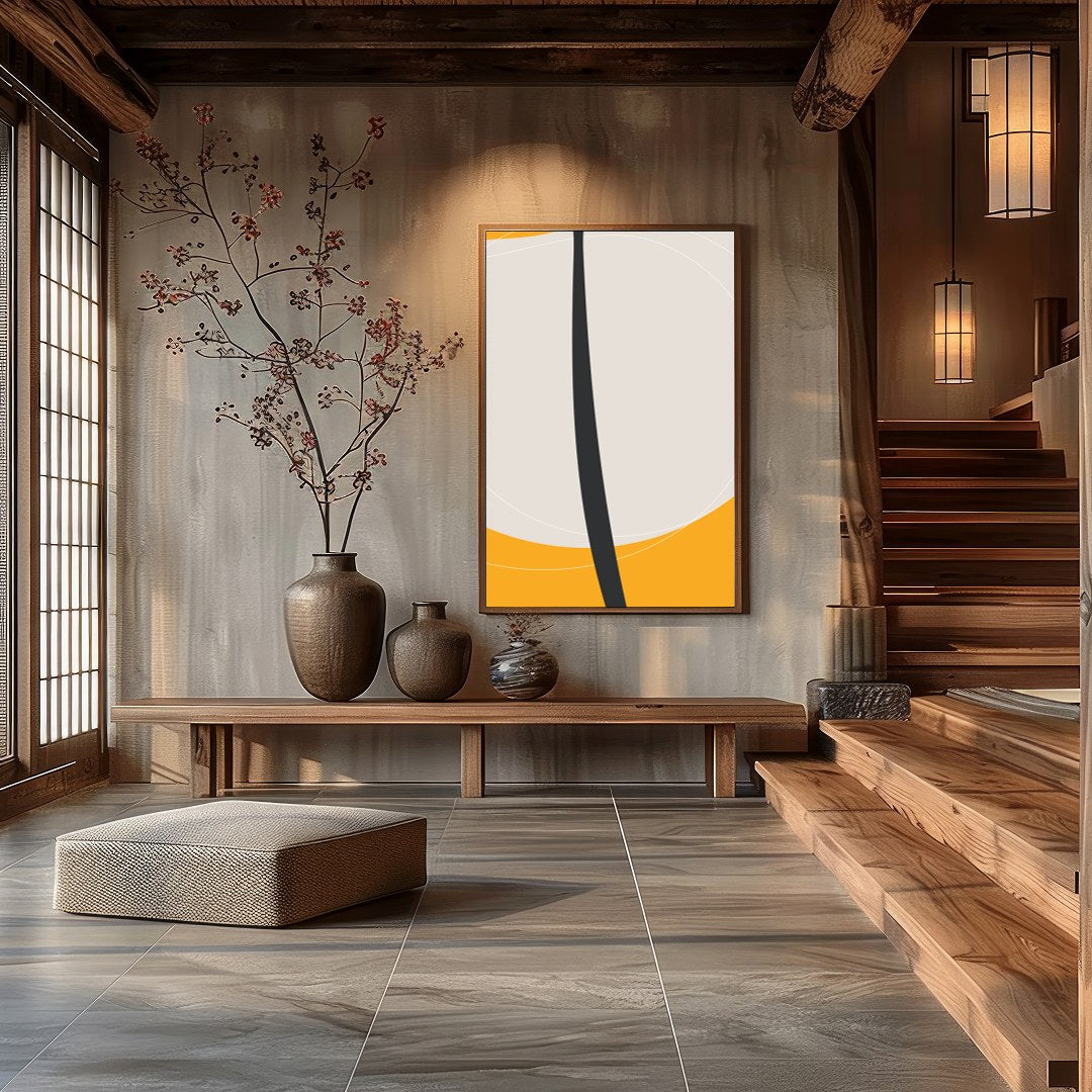 This striking piece features a bold, minimalist floral silhouette set against a vibrant orange for Hall