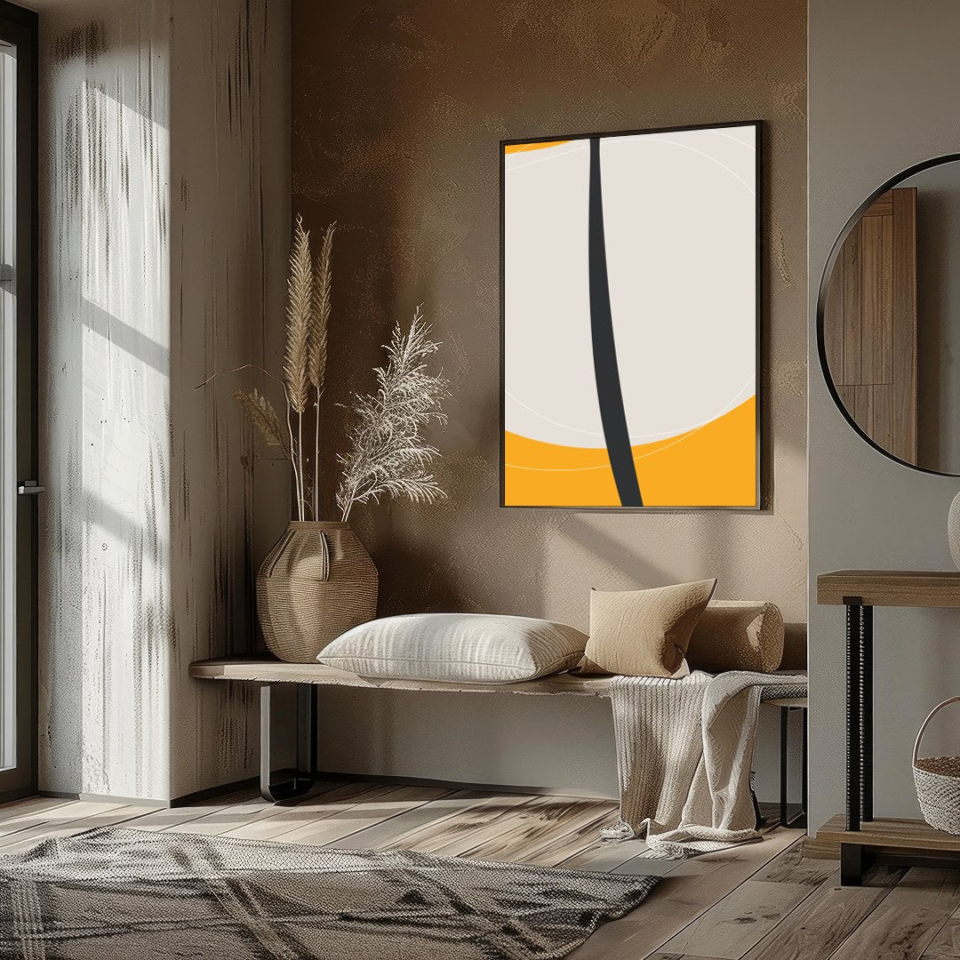 This striking piece features a bold, minimalist floral silhouette set against a vibrant orange for hallway