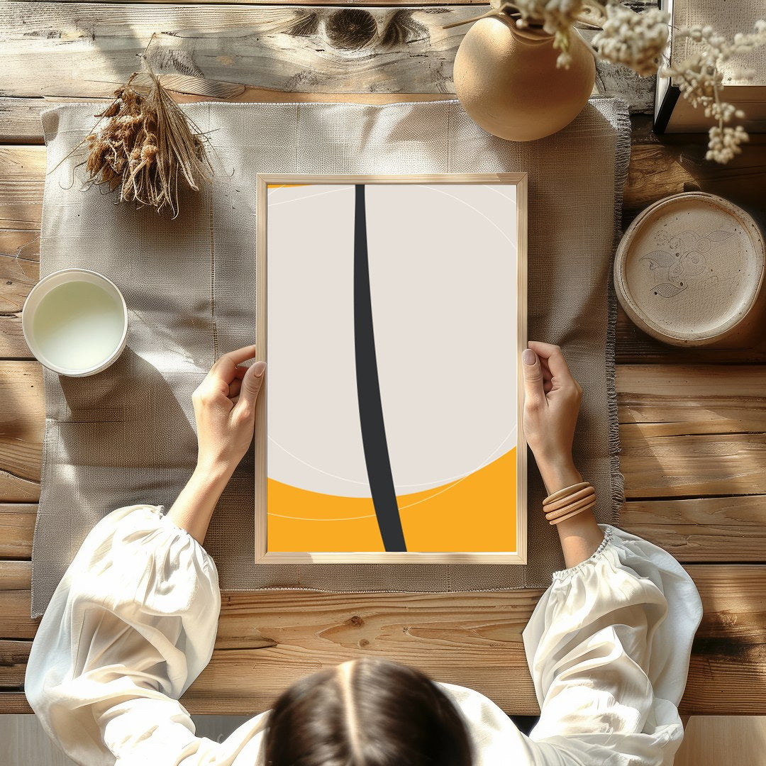 This striking piece features a bold, minimalist floral silhouette set against a vibrant orange for Kitchen