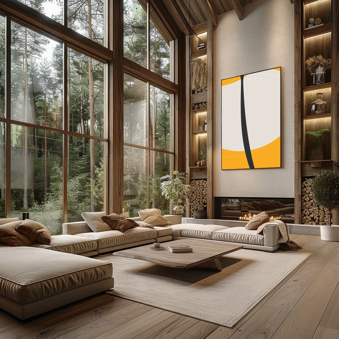 This striking piece features a bold, minimalist floral silhouette set against a vibrant orange for Living Room