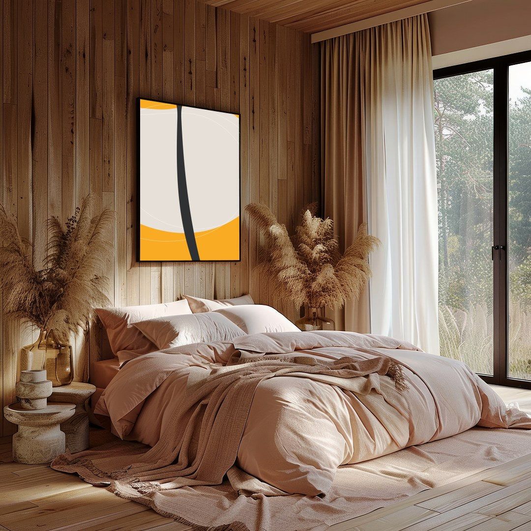 This striking piece features a bold, minimalist floral silhouette set against a vibrant orange for office